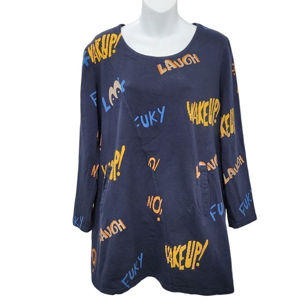 2/$20 Navy Blue Funny Graphic Top Blouse Long Sleeve Size: Large